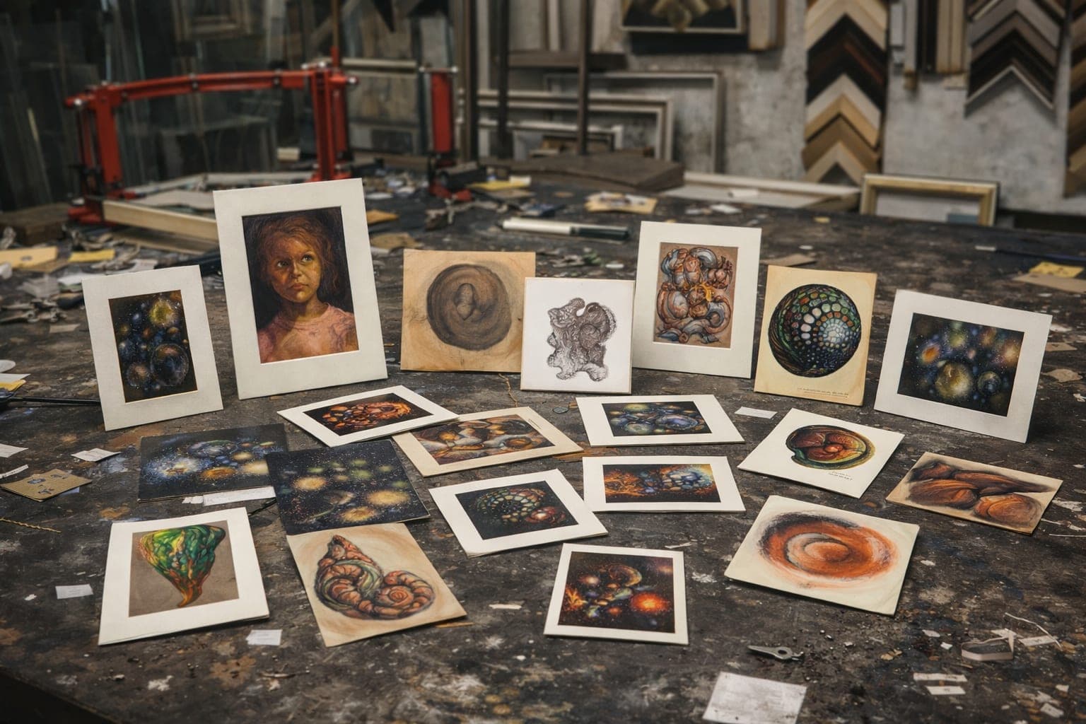 Selecție de fine art print-uri pe masa atelierului.