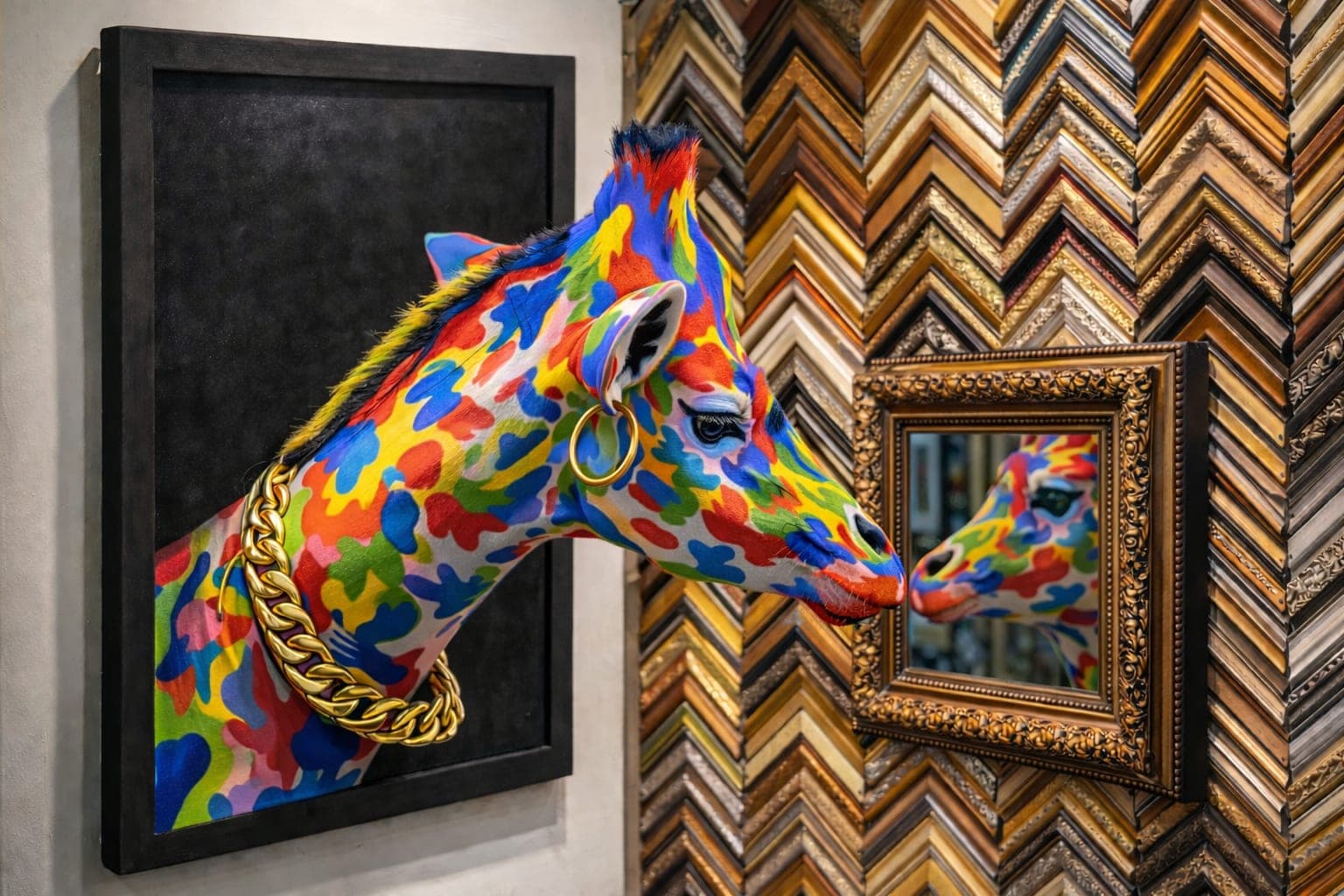 Sculptură contemporană expusă între profile de rame, în galeria La Pătrat.