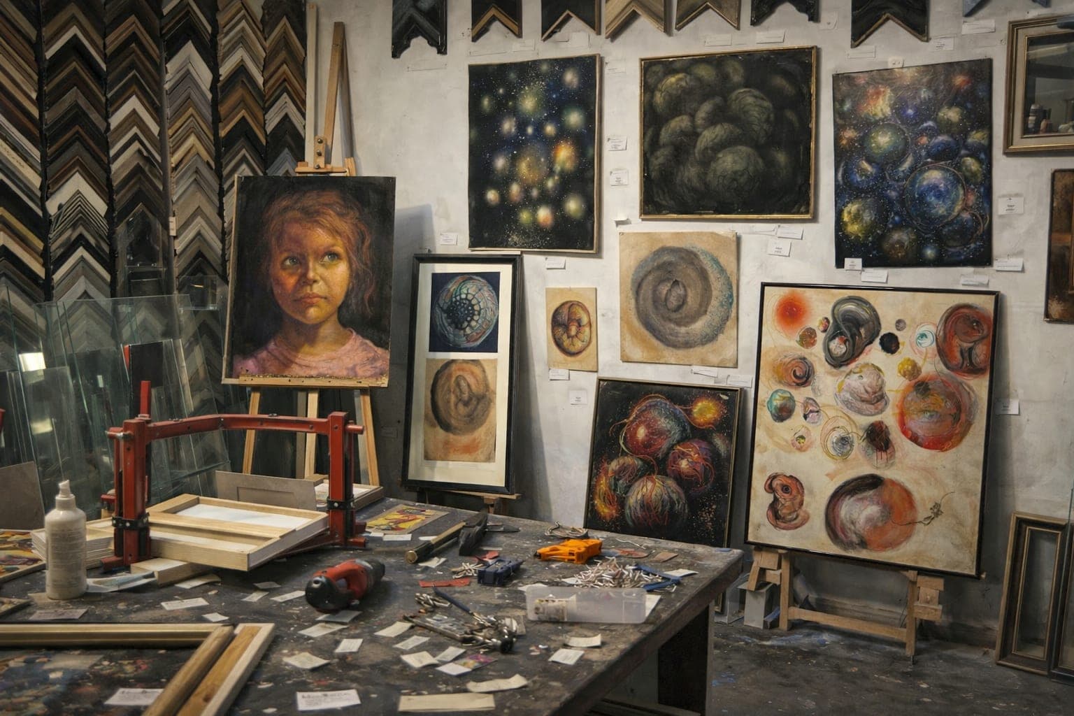 Masa de lucru din atelierul de rame La Pătrat, cu lucrări înrămate și scule.