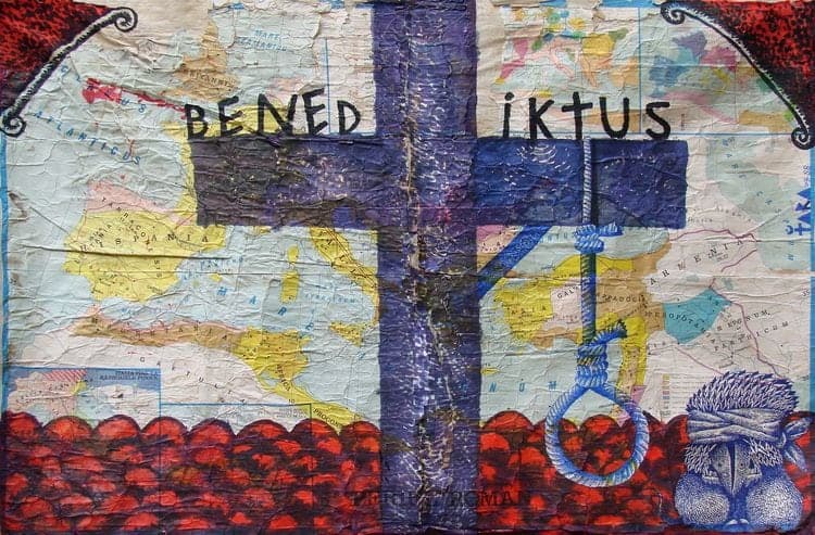 Desen Benediktus de Tara von Neudorf — cruce și simboluri pe fundal de colaj.