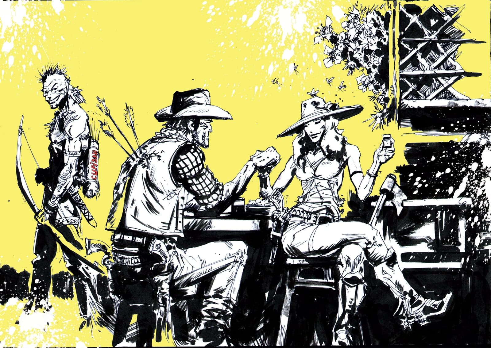 Artprint în tuș, doi cowboy, stil bandă desenată.